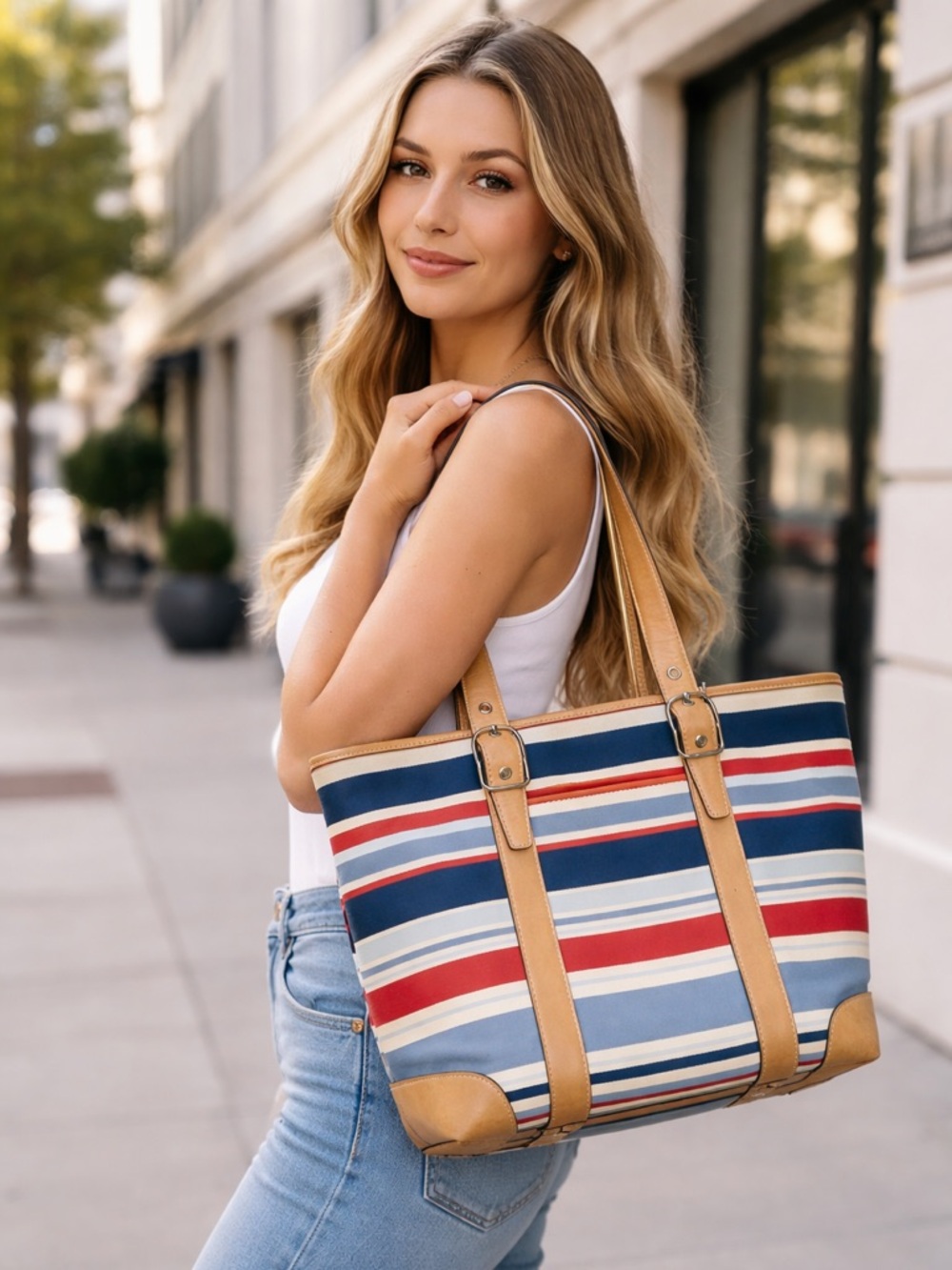 Coach Vintage Hamptons Striped Canvas/Leather Large Tote GUC